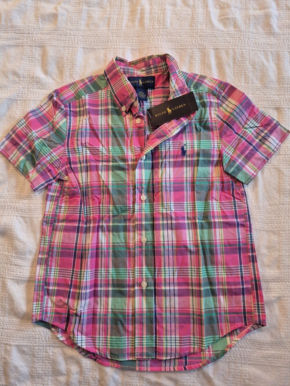 Ralph Lauren boys size 6 short sleeve button up shirt Pink, green, white NWT